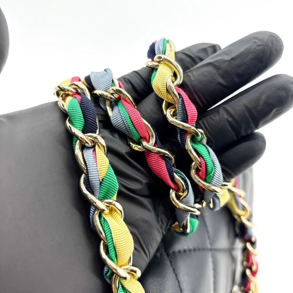 Chanel Mini Flap Bag Black Lambskin Gold Hardware Multicolor Ribbon Chain